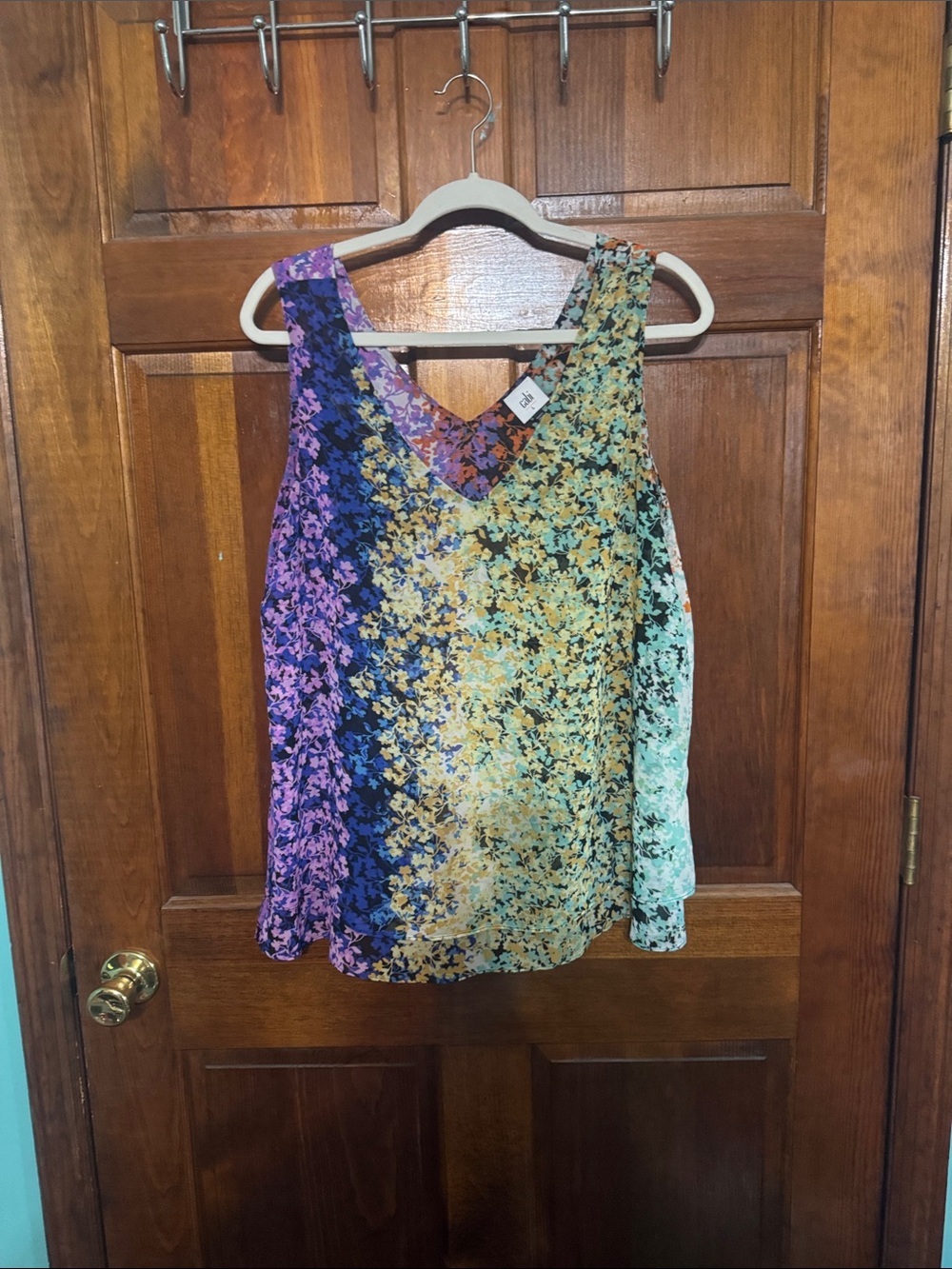 NWOT CAbi Floral V-Neck Tank in Purple, Yellow & Mint